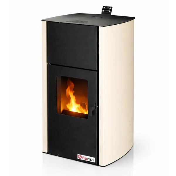 Termosemineu pe peleti Fornello Fiama Confort 25 kw, complet echipat pentru incalzire, pompa, vas expansiune, automatizare, buncar peleti 25 kg, tiraj fortat, culoare Crem, aprindere automata, pana la 160 mp