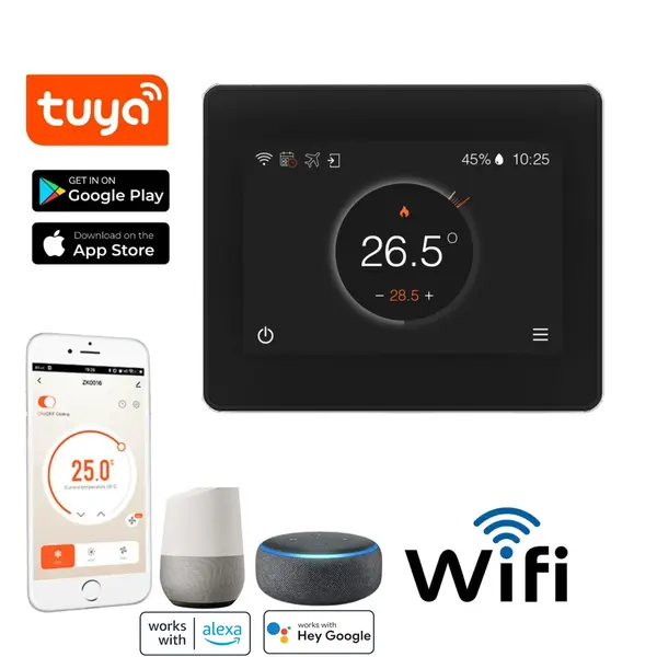 Termostat Inteligent BIRAI® FLC WiFi, Control App Tuya, Alexa, Google, Compatibil Centrale Gaz, Smart Control Vocal, Negru