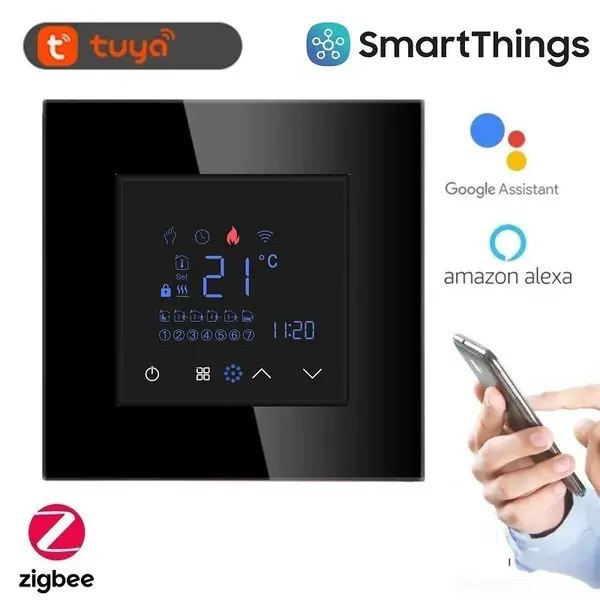 Termostat inteligent Zigbee pentru incalzire in pardoseala pe baza de apa, cu rama de sticla