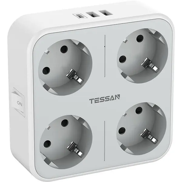 Tessan Adaptor priza Tessan TS-302-DE-C, 4 prize, 2 X USB-A, 1 X USB-C, 10A, Putere nominala 2500W