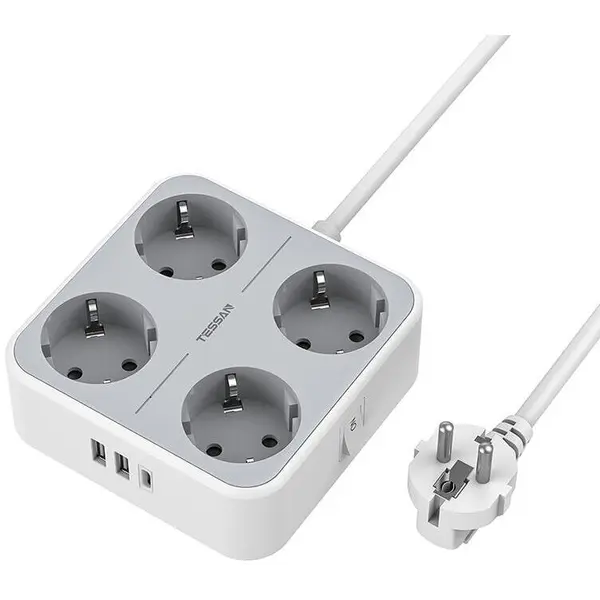 Tessan Prelungitor Tessan TS-302-C, 4 prize, 2 X USB-A, 1 X USB-C, 3A, 2500W, cablu 2 m