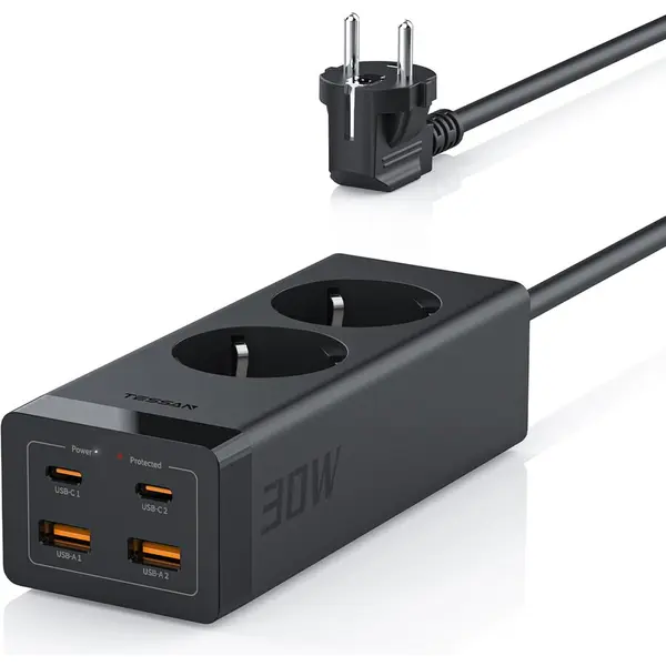 Tessan Prelungitor Tessan TS-FS01DE, 2 X USB-C 30W, 2 x USB-A QC 3.0, 2 prize, 3600W, incarcare rapida USB-C, 2m, negru