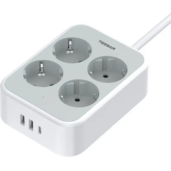 Tessan Prelungitor Tessan TS-PS01DE, 4 prize, 2 X USB-A, 1 X USB-C, incarcare rapida 25W, 10A, cablu 2m