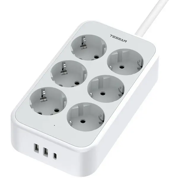 Tessan Prelungitor Tessan TS-PS02DE, cu intrerupator, 6 prize, 2 USB-A, 1 USB-C, incarcare rapida 25W, 10A, 2m