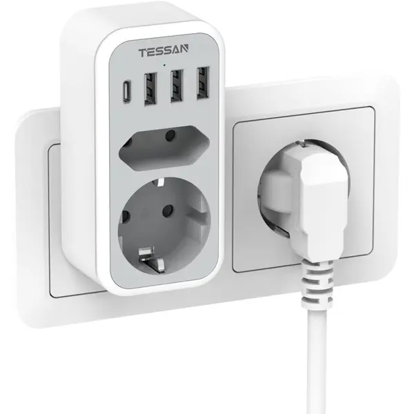 Tessan Priza Multipla Tessan TS-328, 2 Prize, 1 port USB-C, 3 Porturi USB, 240 V, 3600W, Alb