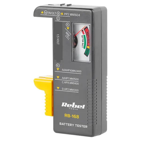 Tester baterii analogic pentru 9V, AAA, AA, C, D și tip buton, Rebel MIE-RB-168