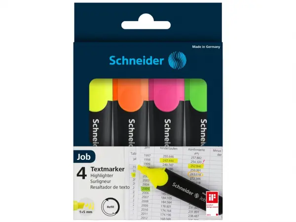 Textmarker cu varf tesit,model Schneider Job,4 bucati set