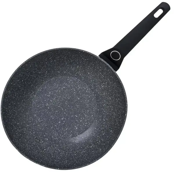 Tigaie Wok Aluminiu, Diametru 28 cm, Adancime 9 cm, Compatibil Inductie, Interior granit, Maner soft Touch