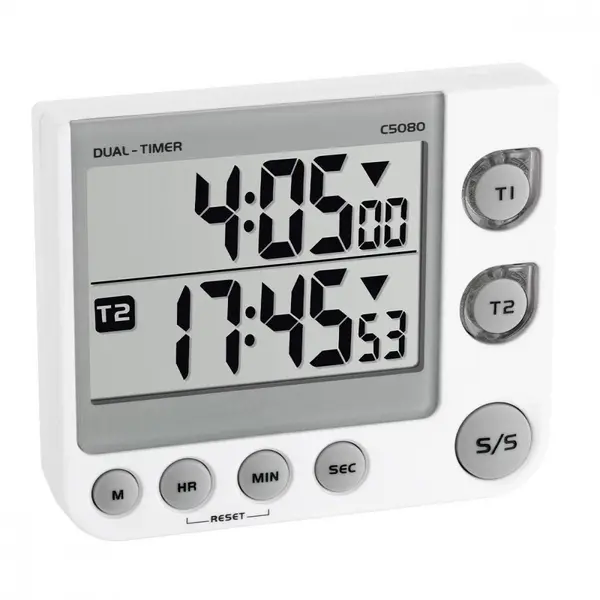 Timer si cronometru digital dual 100 ore LED de avertizare, memorie, volum reglabil alb TFA 38.2025