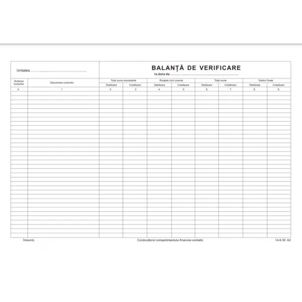 Tipizat balanta de verificare, A3, landscape, simplu, pentru contabilitate