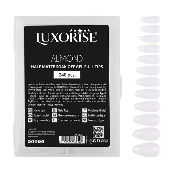 Tipsuri Unghii Dizolvabile Migdala Soak Off - Half Matte Full Nail, 240 buc