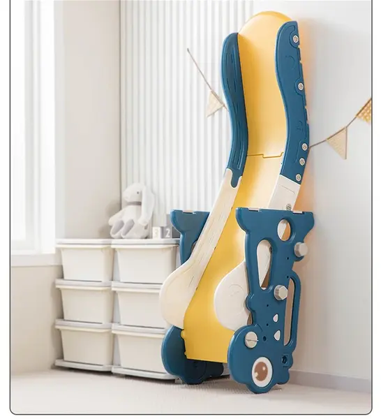 Tobogan pentru copii Nichiduta Garden Dinosaur Blue, cu mini-cos de Baschet si joc de precizie cu inele, prevazut cu scara, manere de sustinere, design pliabil, dimensiune 150 x 67.5 cm