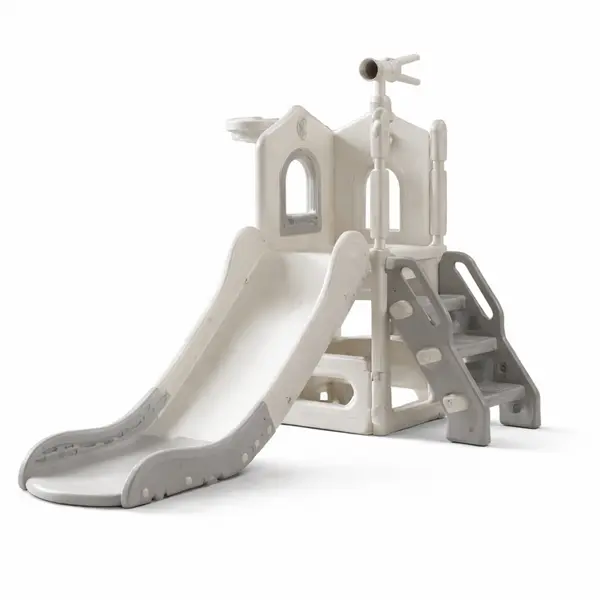 Tobogan pentru copii Nichiduta Garden Sky Bear Grey, structura ergonomica, cu mini-cos de baschet, zona de observare cu telescop integrat, scara si manere de sustinere, dimensiune 155 x 87 x 69 cm