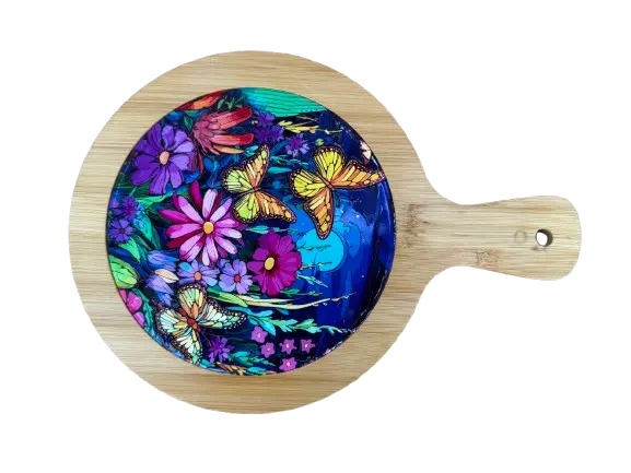 Tocator decorativ model floral, ceramica si bambus,multicolor,19x27 cm