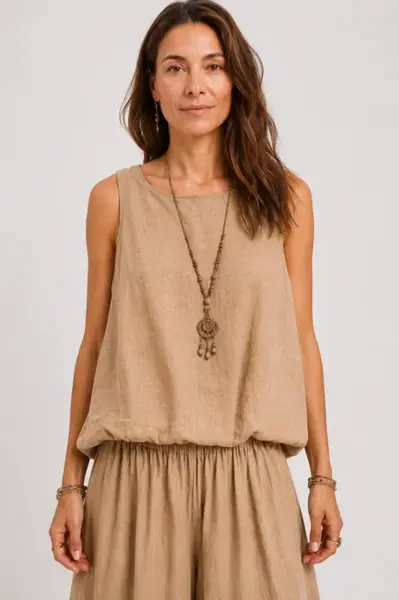 Top dama din in cu croi balon si elastic in talie, camel