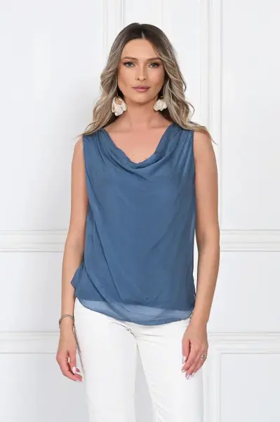 Top dama elegant lejer cu decolteu drapat si croi fluid, albastru jeans
