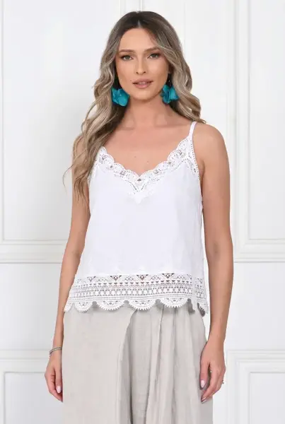 Top din bumbac cu dantela, bretele subtiri, croi lejer, alb