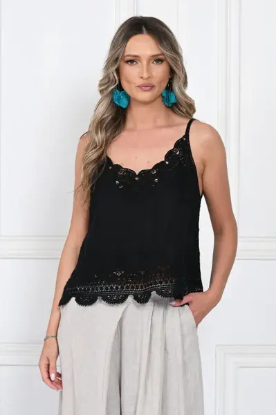 Top din bumbac cu dantela, bretele subtiri, croi lejer, negru
