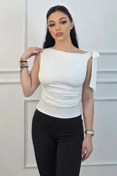 Top elegant Camell, cu legare laterala si falduri, ALB