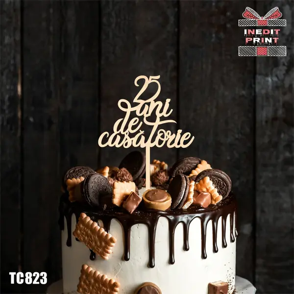 Topper Tort 25 ani de casatorie TC823 Lemn natur, 16x16cm