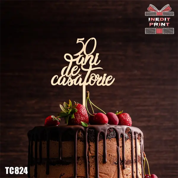 Topper Tort 50 ani de casatorie TC824 Lemn natur, 20x20cm