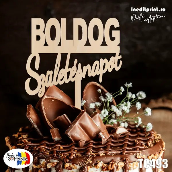 Topper tort Boldog Szuletesnapot TC493 Lemn natur, 10x10cm