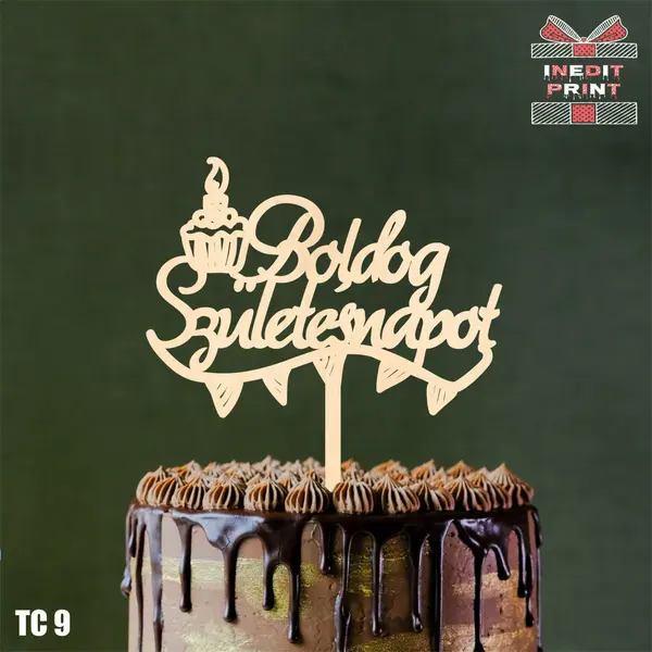 Topper tort Boldog Szuletesnapot TC9 Lemn natur, 13x13cm