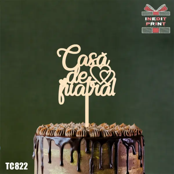 Topper Tort Casa de piatra TC822 Lemn natur, 10x10cm