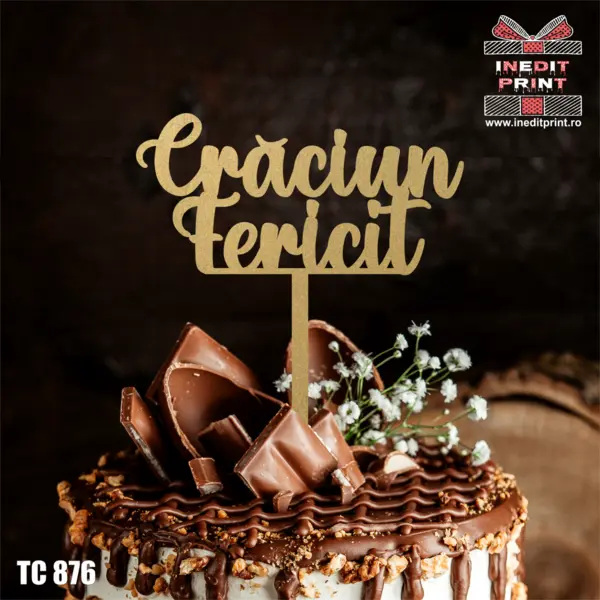 Topper Tort Craciun Fericit TC 876 Lemn natur, 10x10cm