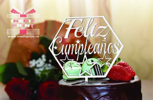 Topper Tort Feliz Cumpleanos TC53 Lemn natur, 13x13cm