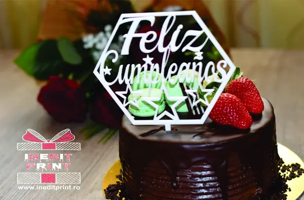 Topper Tort Feliz Cumpleanos TC53 Lemn natur, 15x15cm