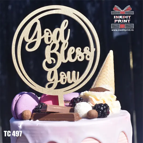 Topper tort God Bless You TC 497 Lemn natur, 10x10cm