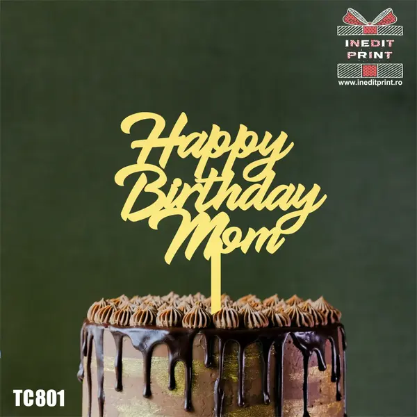 Topper Tort Happy Birthday Mom TC801 Lemn natur, 20x20cm