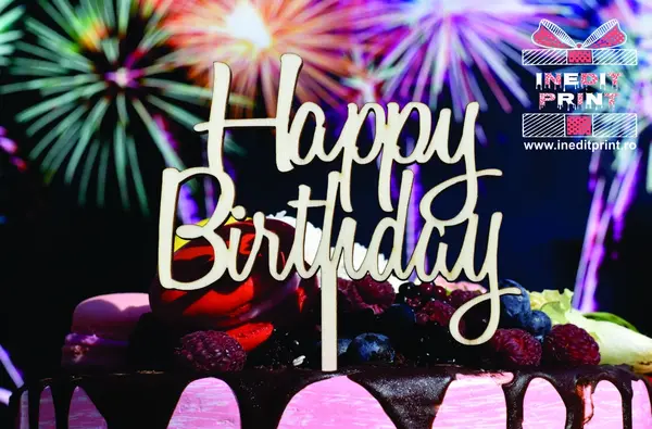 Topper Tort Happy Birthday TC154 Lemn natur, 20x20cm