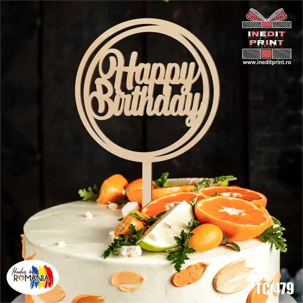 Topper tort Happy Birthday TC479 Lemn natur, 13x13cm