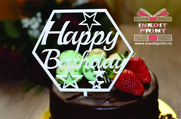 Topper Tort Happy Birthday TC52 Lemn natur, 15x15cm