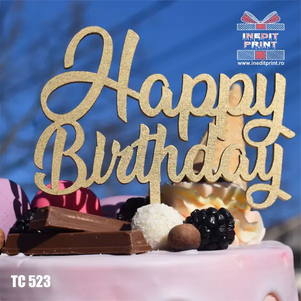 Topper tort Happy Birthday TC523 Lemn natur, 20x20cm