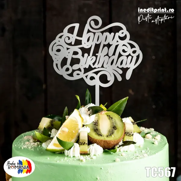 Topper tort Happy Birthday TC567 Lemn natur, 16x16cm