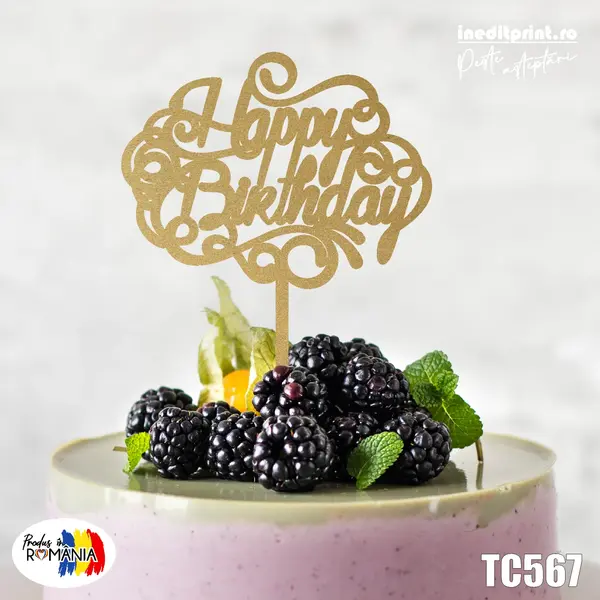 Topper tort Happy Birthday TC567 Lemn natur, 20x20cm