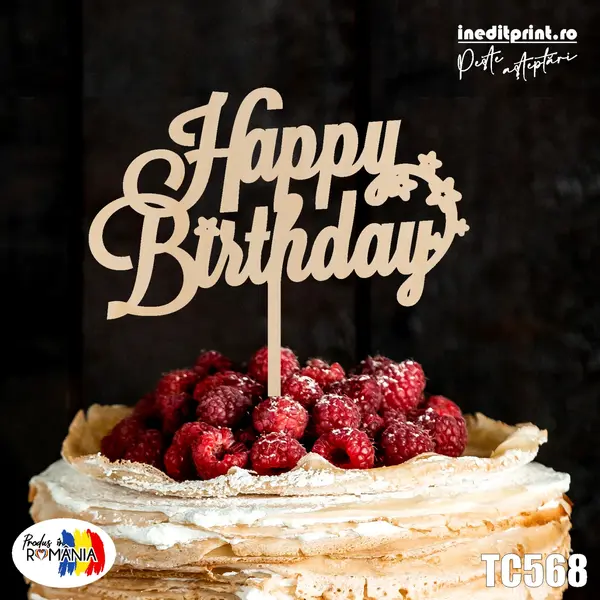 Topper tort Happy Birthday TC568 Lemn natur, 13x13cm