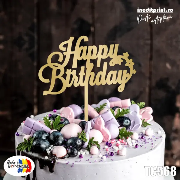 Topper tort Happy Birthday TC568 Lemn natur, 16x16cm