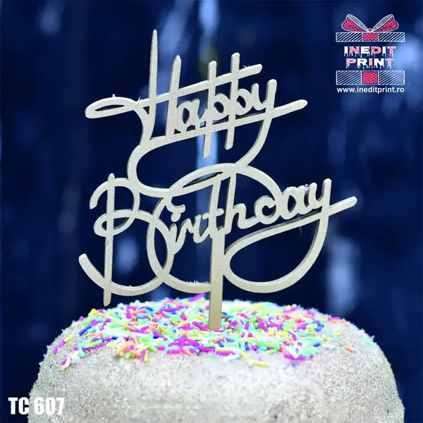 Topper tort Happy Birthday TC607 Lemn natur, 16x16cm