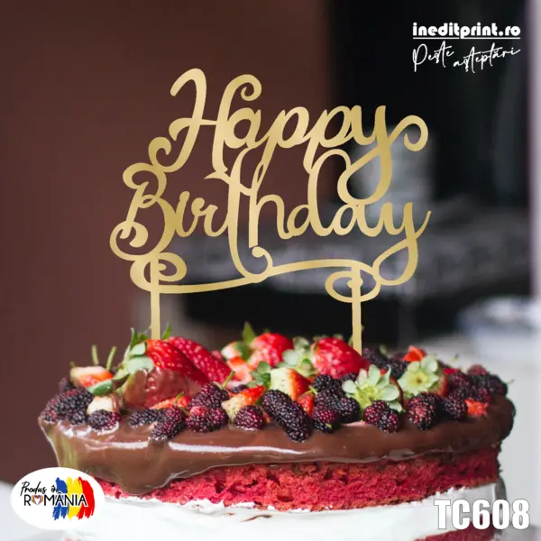Topper tort Happy Birthday TC608 Lemn natur, 16x16cm