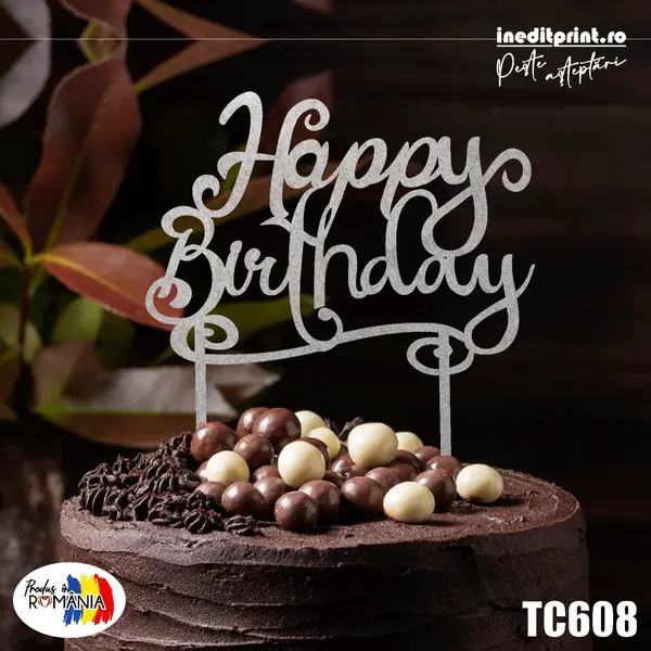 Topper tort Happy Birthday TC608 Lemn natur, 20x20cm