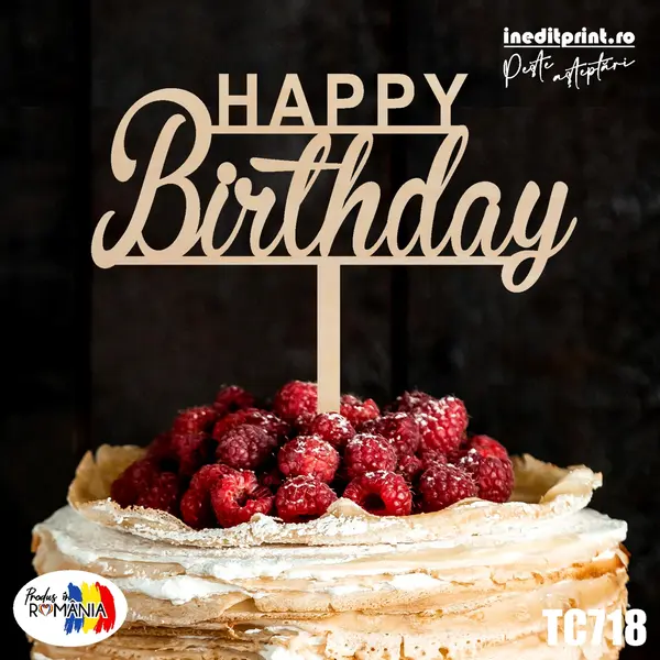 Topper tort Happy Birthday TC718 Lemn natur, 16x16cm