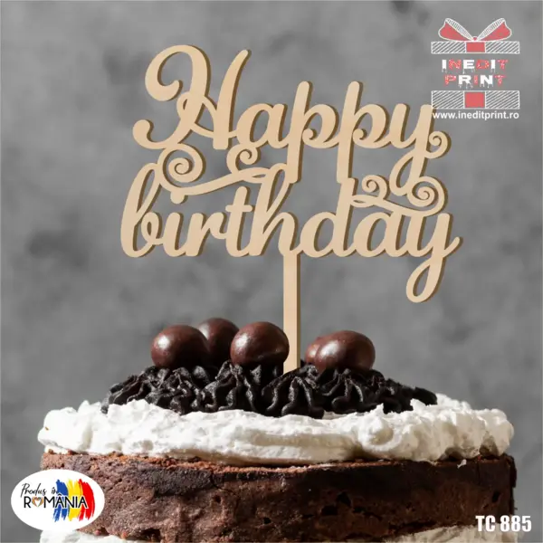 Topper Tort Happy Birthday TC885 Lemn natur, 8x8cm