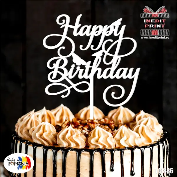 Topper tort Happy Birthday TC886 Lemn natur, 20x20cm
