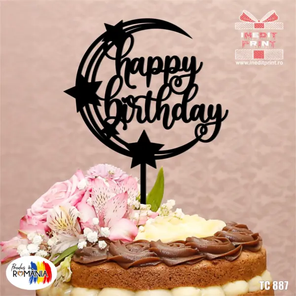 Topper tort Happy Birthday TC887 Lemn natur, 13x13cm