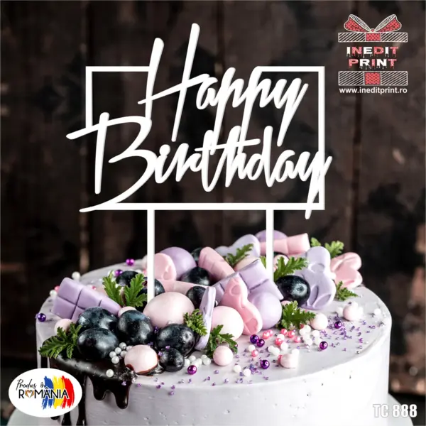Topper Tort Happy Birthday TC888 Lemn natur, 13x13cm