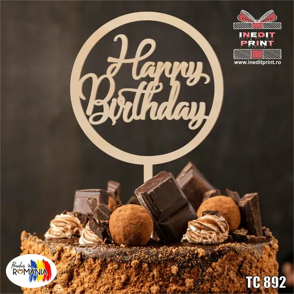 Topper tort Happy Birthday TC892 Lemn natur, 10x10cm